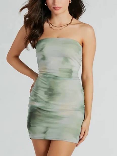 Windsor Strapless Watercolor Mini Dress In Sage Green